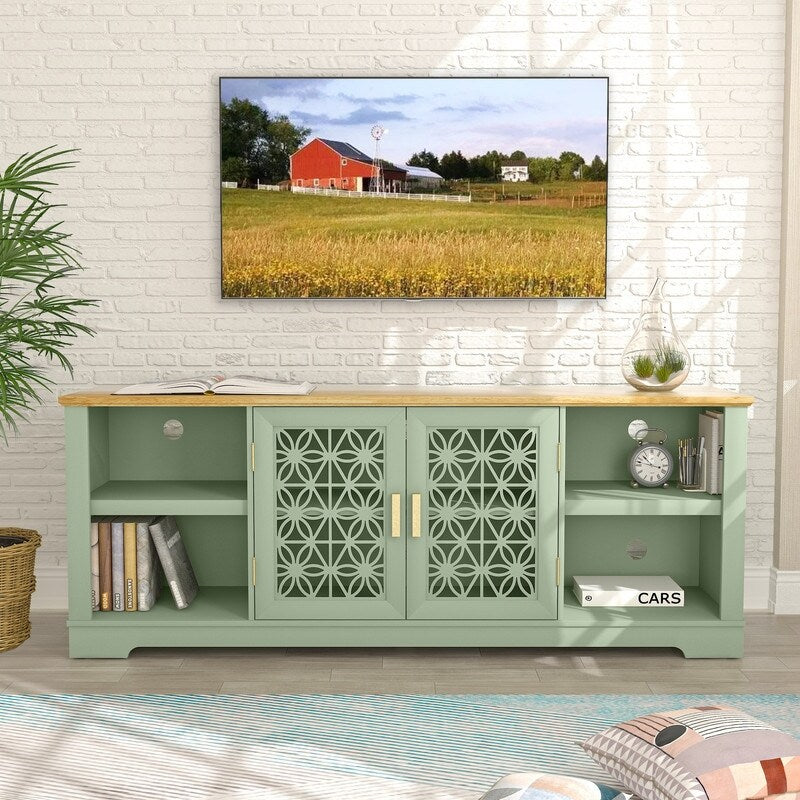 Meuble TV rustique décoratif à motif floral de 70 pouces, pouvant accueillir des téléviseurs jusqu'à 80 pouces.