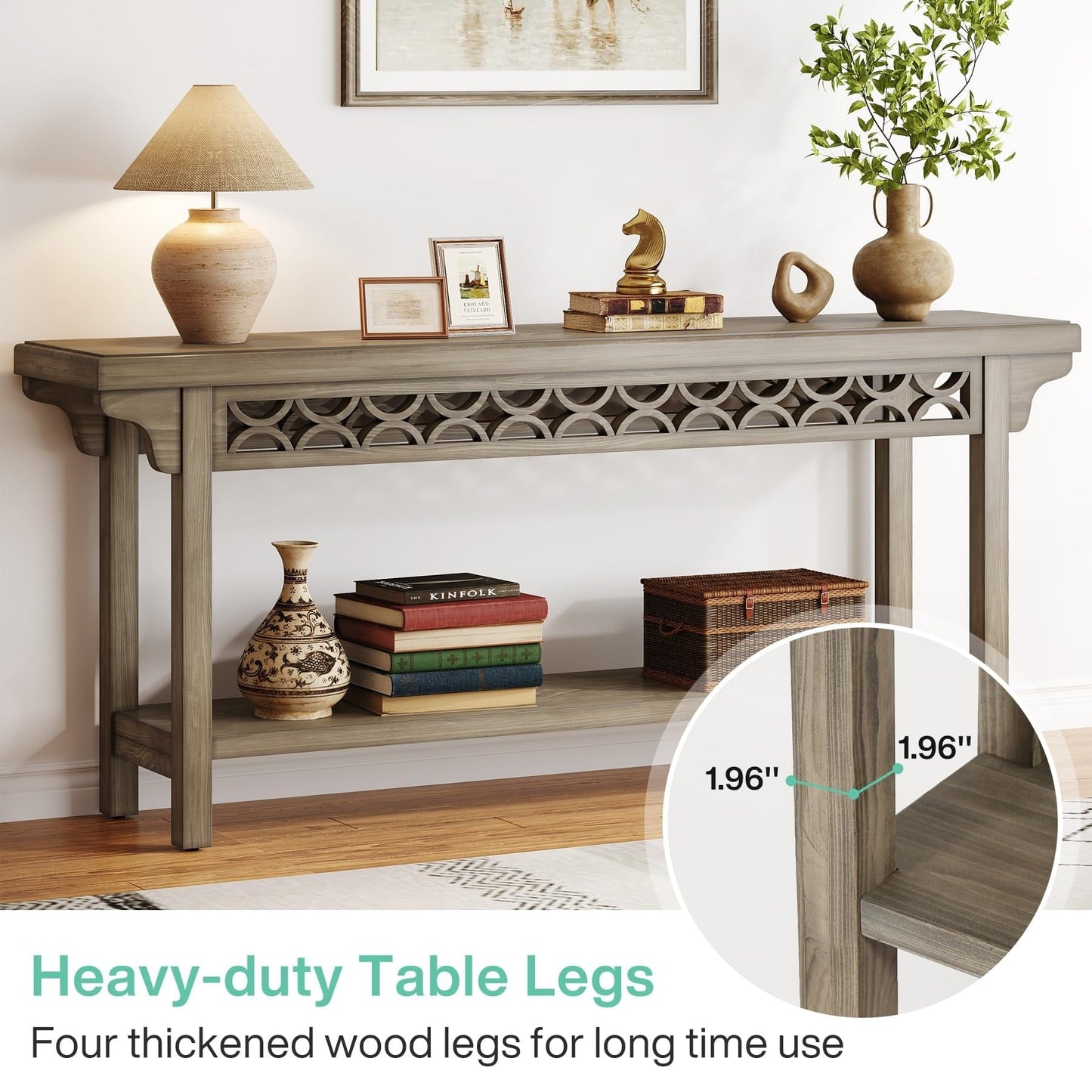 Console longue de style campagnard en bois massif de 70,8 pouces, table basse