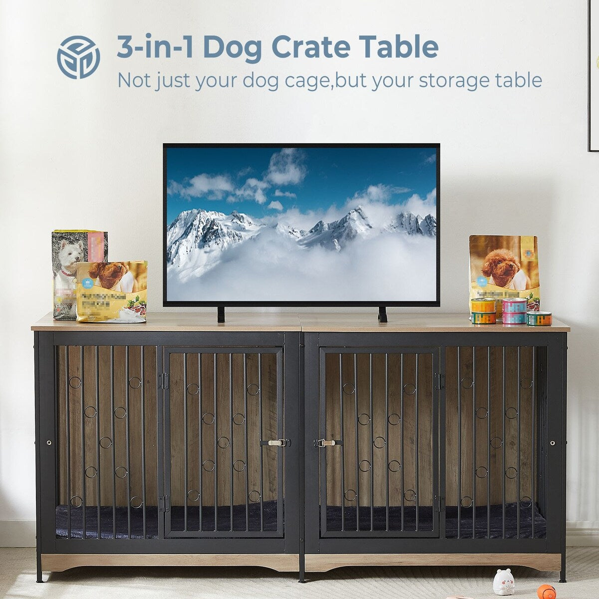 Meuble TV pour cage pour chien de grande race de 70,86 pouces avec coussin et double compartiment (coussin non inclus)