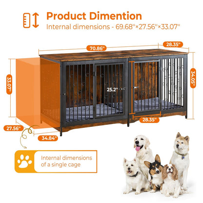 Meuble TV pour cage pour chien de grande race de 70,86 pouces avec coussin et double compartiment (coussin non inclus)