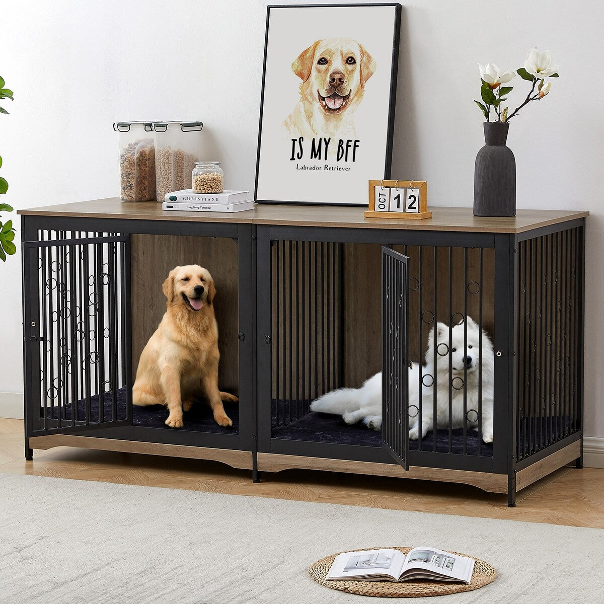 Meuble TV pour cage pour chien de grande race de 70,86 pouces avec coussin et double compartiment (coussin non inclus)