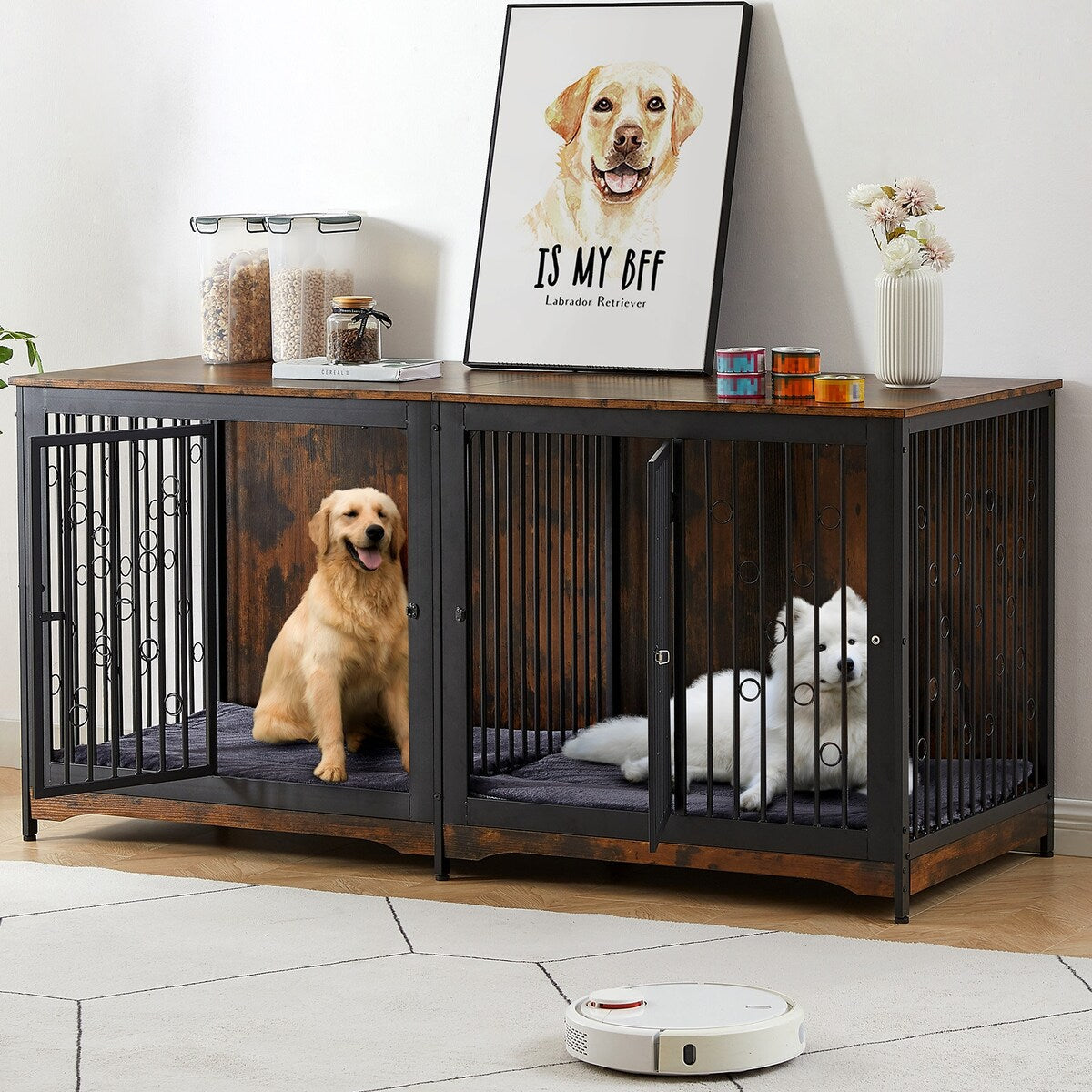 Meuble TV pour cage pour chien de grande race de 70,86 pouces avec coussin et double compartiment (coussin non inclus)