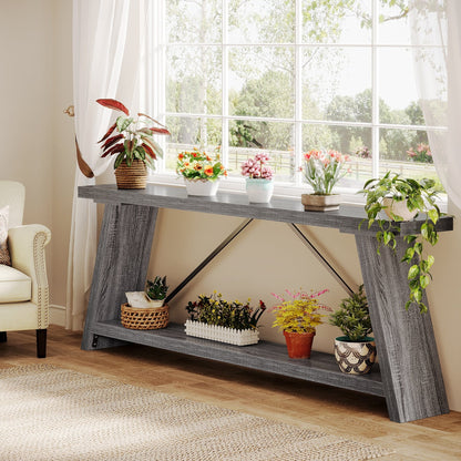 Console/table basse rustique en bois de 180 cm de long avec étagère de rangement