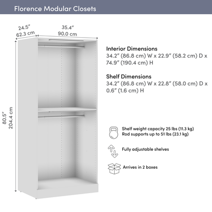 Bestar Florence 35 Système de garde-robe modulaire à 2 espaces pour suspendre avec éclairage à DEL - blanc