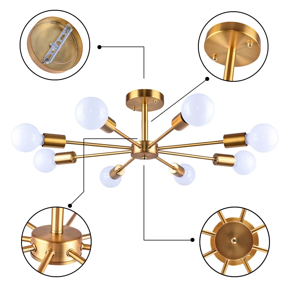 Plafonnier semi-encastré Sputnik noir/doré, idéal pour salon, cuisine, bureau, chambre ou hall d'entrée.