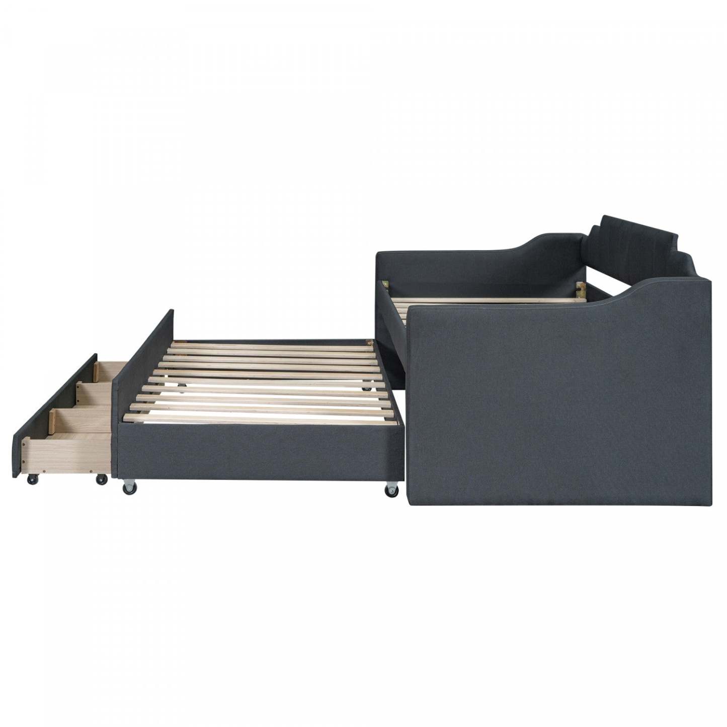 Lit de repos rembourré en tissu d'apparence lin Hogan avec lit gigogne et tiroirs de rangement, taille simple - Gris | Hogan – Lit De Jour Rembourre En Tissu Aspect Lin Avec Lit Gigogne Et Tiroirs De Rangement, Format Simple - Gris