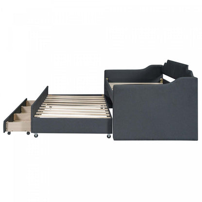 Lit de repos rembourré en tissu d'apparence lin Hogan avec lit gigogne et tiroirs de rangement, taille simple - Gris | Hogan – Lit De Jour Rembourre En Tissu Aspect Lin Avec Lit Gigogne Et Tiroirs De Rangement, Format Simple - Gris