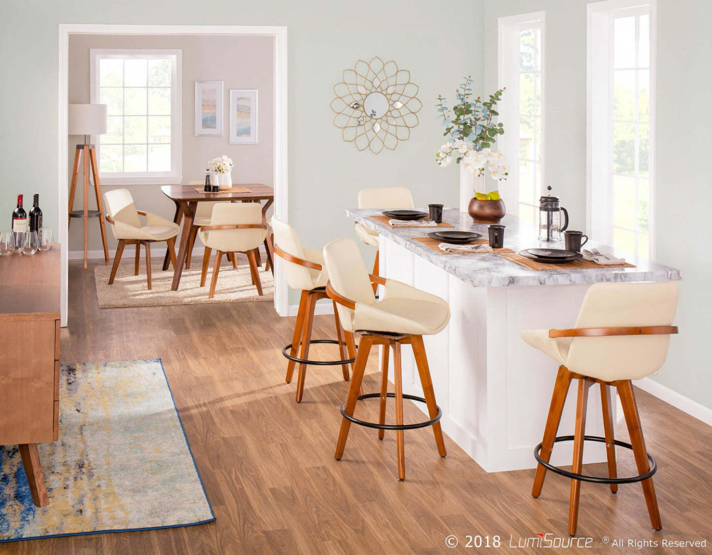 LumiSource Cosmo Faux Leather Mid-Century Modern Counter-Height Stool - Walnut/Cream|Tabouret moderne du milieu du 20e siècle Cosmo de hauteur comptoir en similicuir - noyer et crème