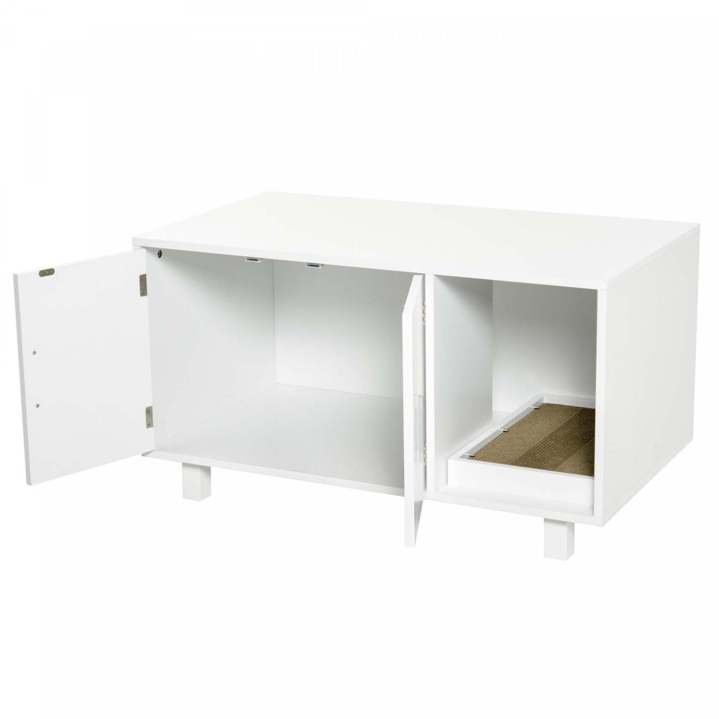 Pawhut Meuble de toilette en bois pour chat avec litière intégrée, niche, table de chevet et griffoir | Portes magnétiques Gratoir Blanc