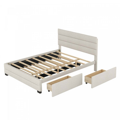 Lit plateforme rembourré en tissu d'apparence lin Sophie avec lit gigogne et tiroirs de rangement, grand lit - Beige | Sophie – Lit Plateforme Rembourre En Tissu Aspect Lin Avec Lit Gigogne Et Tiroirs De Rangement, Format Grand - Beige