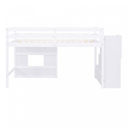 Lit mezzanine simple Martin en bois massif avec escalier de rangement, fenêtre de jeu, lumière LED - Blanc | Martin – Lit Mezzanine Simple En Bois Massif Avec Escaliers De Rangement, Fenetre Ludique Et Eclairage Del – Blanc