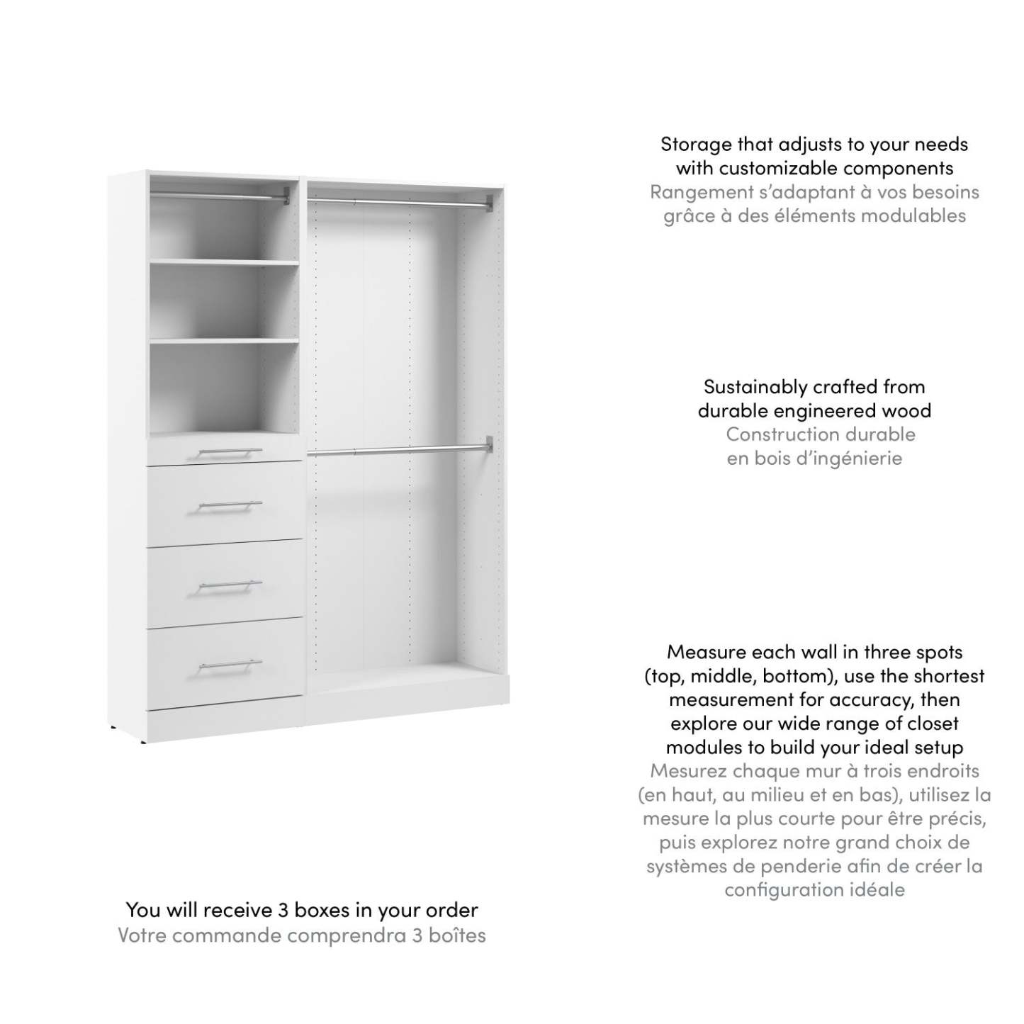 Système de garde-robe et pièce-penderie modulaire Florence de Bestar de 60 po avec tringles et rangement - blanc