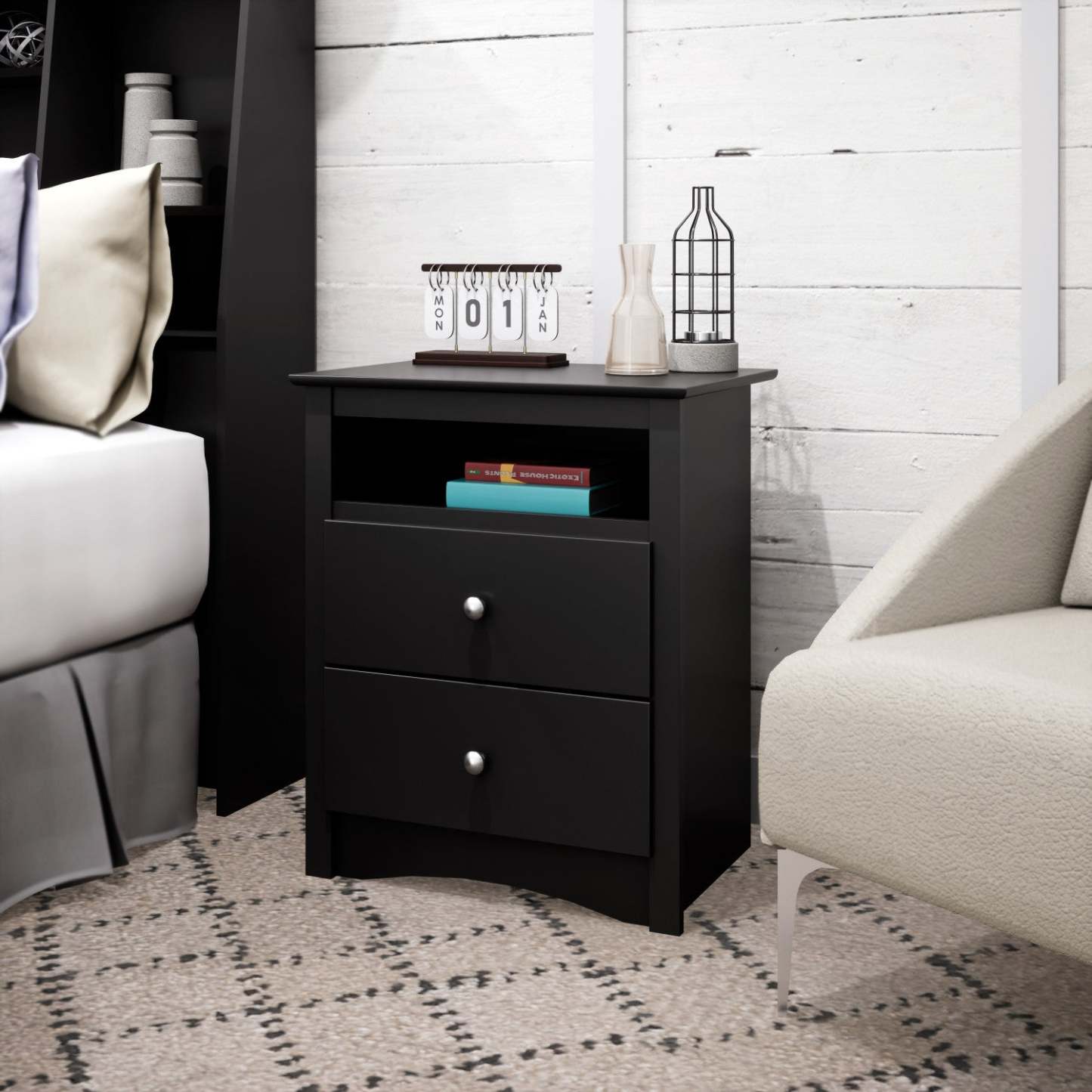 Jade Tall 2-Drawer Nightstand - Black|Table de nuit haute Jade à 2 tiroirs - noire