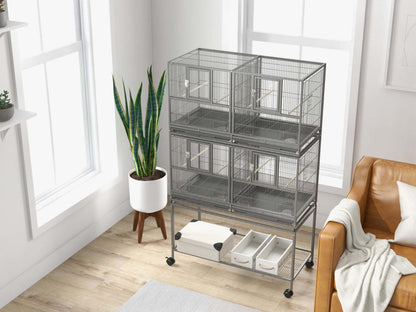 Pawhut Grande Cage A Oiseaux En Metal A Double Roulement Avec Plateau En Metal Amovible, Etagere De