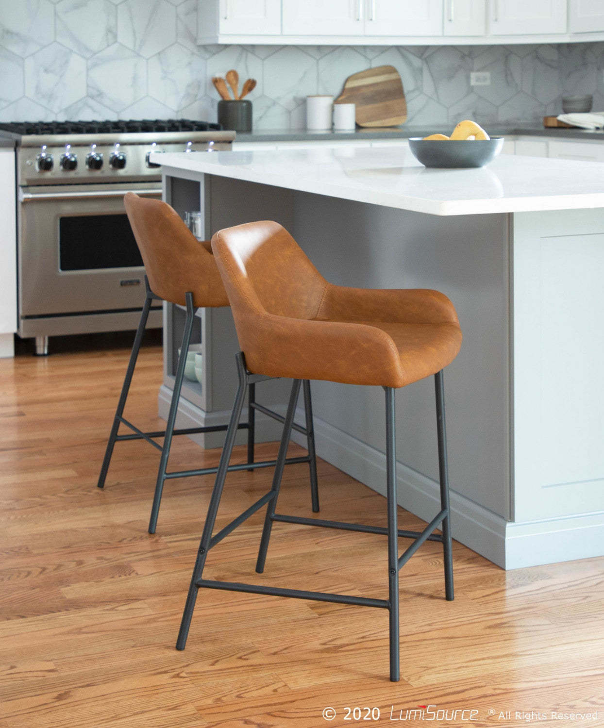 LumiSource Daniella Camel Faux Leather Industrial Counter-Height Stool - Set of 2|Tabouret industriel Daniella de hauteur comptoir en similicuir chameau - ensemble de 2