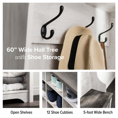 Rustic Ridge Farmhouse Entryway Storage Cabinet with Shoe Cubbies & Coat Hooks - Washed White|Armoire de rangement Rustic Ridge champêtre pour l’entrée avec compartiments pour chaussures et crochets à manteaux - blanc vieilli