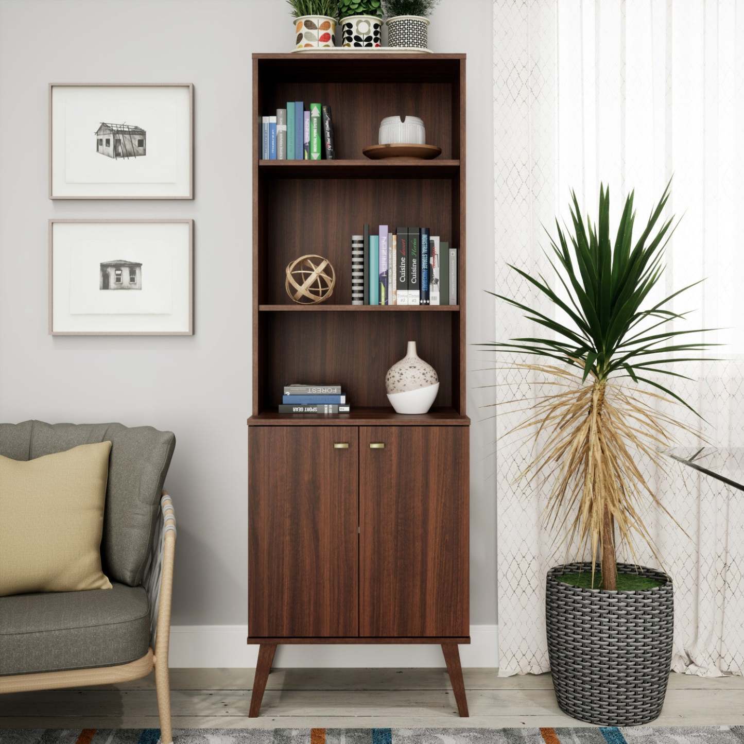 Milo Mid-Century Modern Tall Bookcase with Adjustable Shelves, 2 Doors & Brushed Brass-Finished Knobs - Cherry|Bibliothèque haute moderne du milieu du 20e siècle Milo avec tablettes réglables, 2 portes et poignées au fini laiton brossé - cerisier