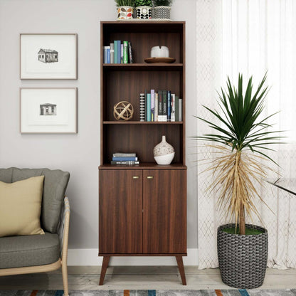 Milo Mid-Century Modern Tall Bookcase with Adjustable Shelves, 2 Doors & Brushed Brass-Finished Knobs - Cherry|Bibliothèque haute moderne du milieu du 20e siècle Milo avec tablettes réglables, 2 portes et poignées au fini laiton brossé - cerisier