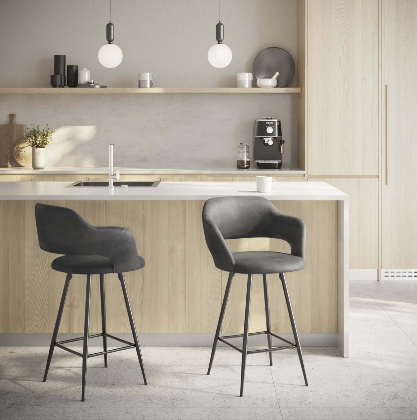 LumiSource Margarite Grey Faux Leather Contemporary Counter-Height Stool - Set of 2|Tabouret contemporain Margarite de hauteur comptoir en similicuir gris - ensemble de 2