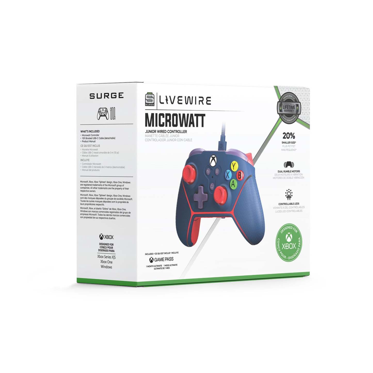 Surge Livewire Xbox Series X/S Microwatt Jr Blue Controller|Manette Microwatt Junior Livewire de Surge bleue pour consoles Xbox de séries X et S