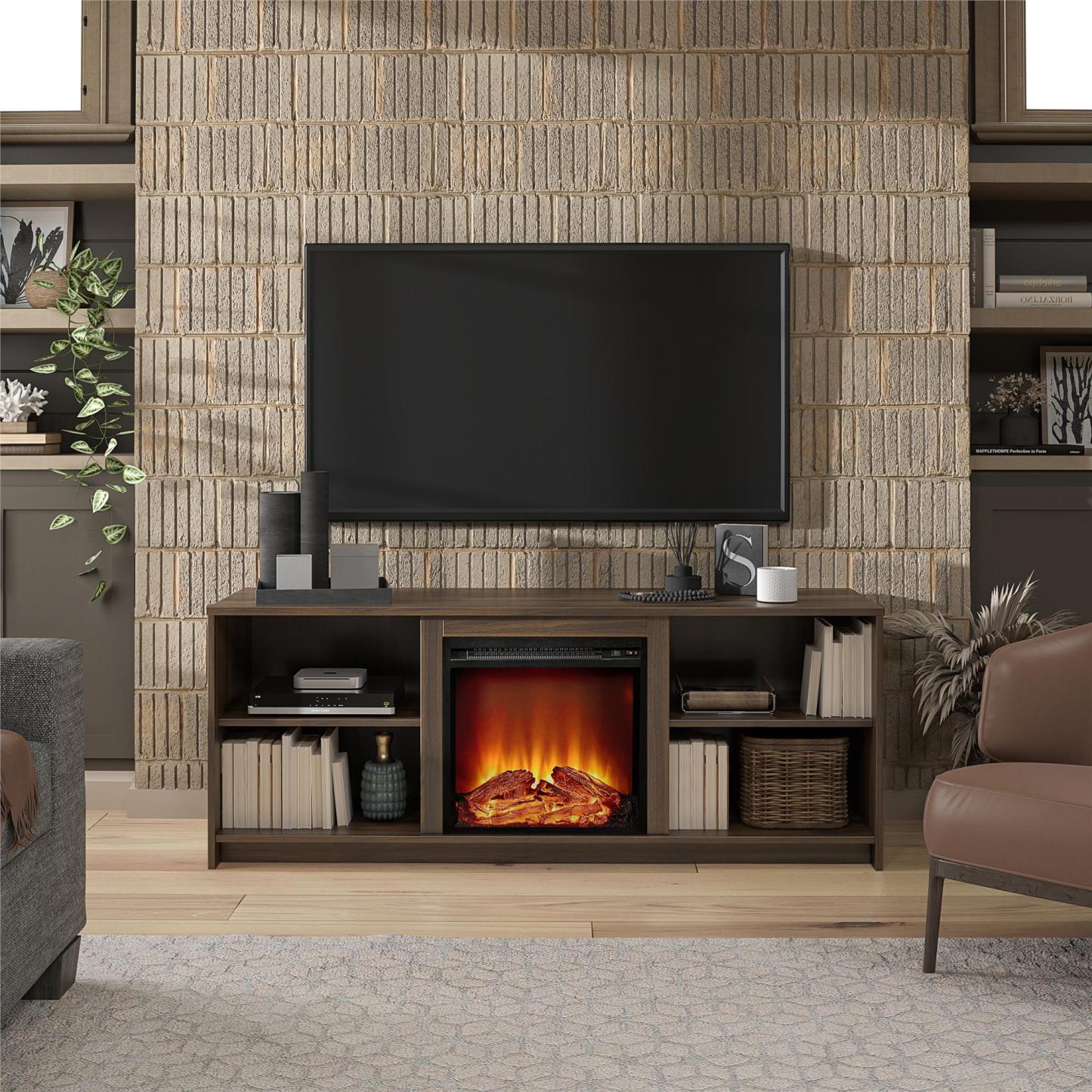 Ameriwood Home Mainstays Courtland Electric Fireplace TV Stand for TVs up to 65 - Noyer|Meuble pour téléviseur Mainstays Courtland d'Ameriwood Home avec foyer électrique pour téléviseurs jusqu'à 65 po - noyer
