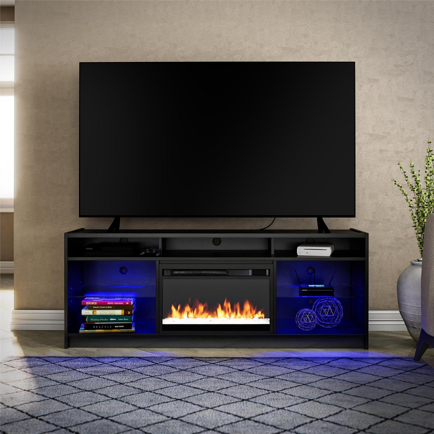 Ameriwood Home Luna Electric Fireplace TV Stand for TVs up to 65 po - Black Oak|Meuble pour téléviseur Luna d'Ameriwood Home avec foyer électrique pour téléviseurs jusqu'à 65 po - chêne noir