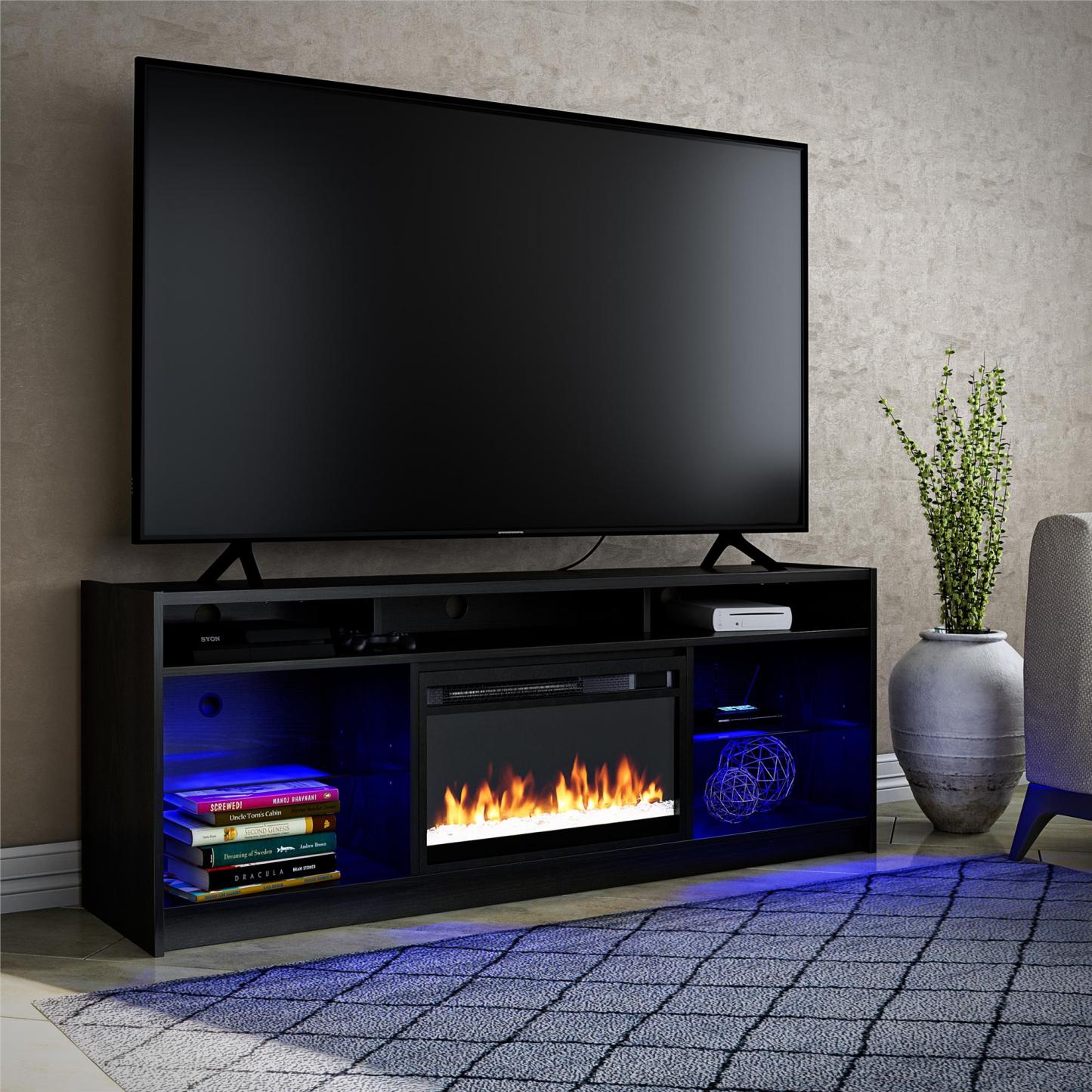 Ameriwood Home Luna Electric Fireplace TV Stand for TVs up to 65 po - Black Oak|Meuble pour téléviseur Luna d'Ameriwood Home avec foyer électrique pour téléviseurs jusqu'à 65 po - chêne noir