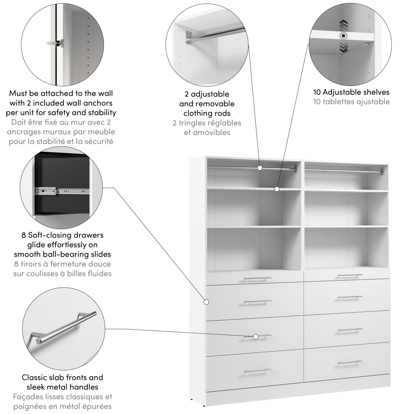 Système de garde-robe et pièce-penderie modulaire Florence de Bestar de 71 po avec tablettes et tiroirs de style lisse - blanc