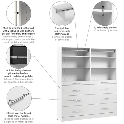 Système de garde-robe et pièce-penderie modulaire Florence de Bestar de 71 po avec tablettes et tiroirs de style lisse - blanc