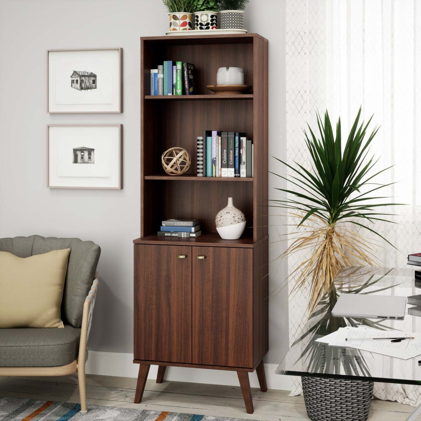 Milo Mid-Century Modern Tall Bookcase with Adjustable Shelves, 2 Doors & Brushed Brass-Finished Knobs - Cherry|Bibliothèque haute moderne du milieu du 20e siècle Milo avec tablettes réglables, 2 portes et poignées au fini laiton brossé - cerisier
