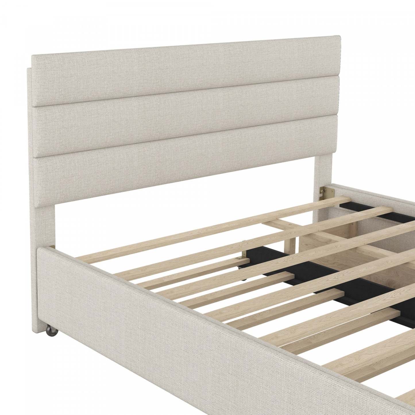 Lit plateforme rembourré en tissu d'apparence lin Sophie avec lit gigogne et tiroirs de rangement, grand lit - Beige | Sophie – Lit Plateforme Rembourre En Tissu Aspect Lin Avec Lit Gigogne Et Tiroirs De Rangement, Format Grand - Beige