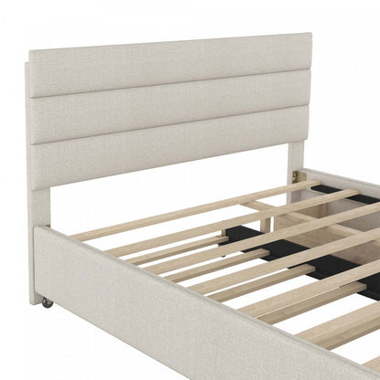 Lit plateforme rembourré en tissu d'apparence lin Sophie avec lit gigogne et tiroirs de rangement, grand lit - Beige | Sophie – Lit Plateforme Rembourre En Tissu Aspect Lin Avec Lit Gigogne Et Tiroirs De Rangement, Format Grand - Beige