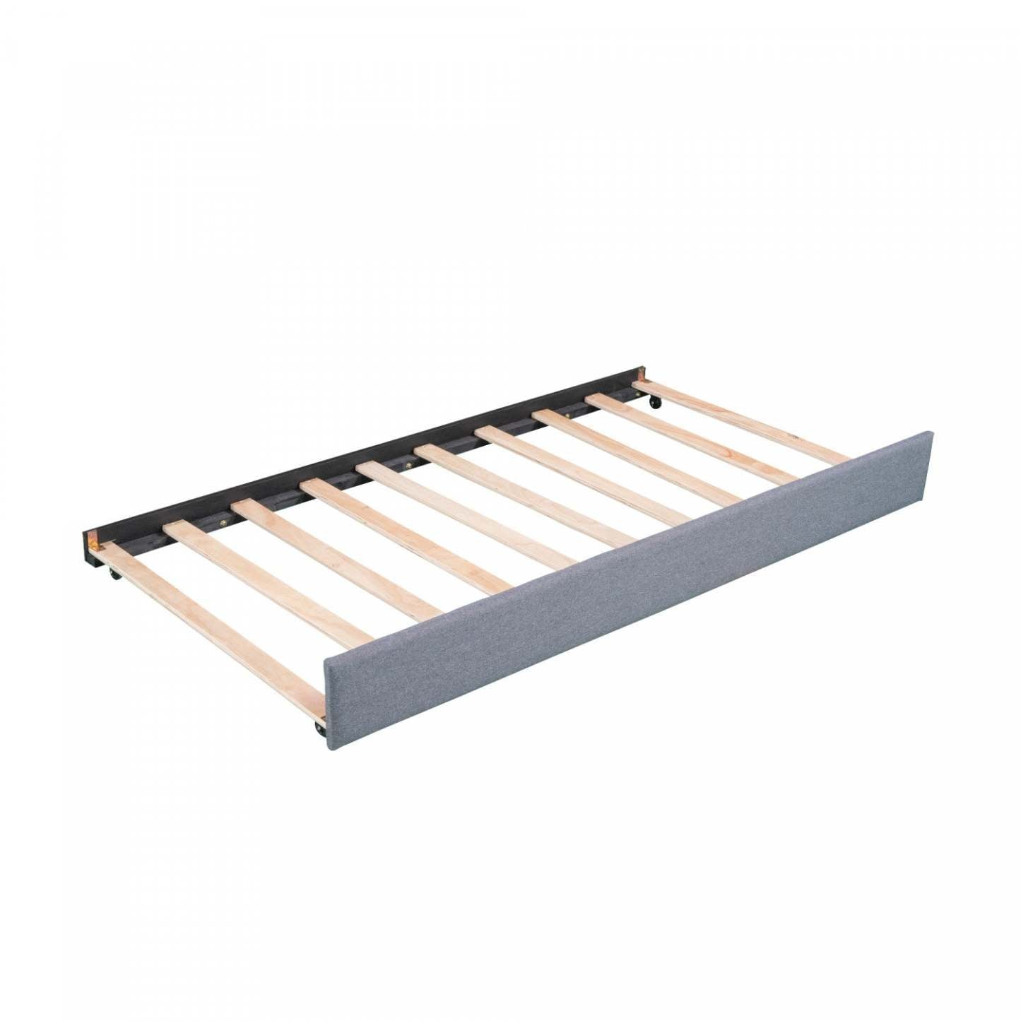 Lit de repos rembourré en tissu d'apparence lin Tyler avec lit gigogne et rangement, taille simple - Gris | Tyler – Lit De Jour Rembourre En Tissu Aspect Lin Avec Lit Gigogne Et Rangement, Format Simple - Gris