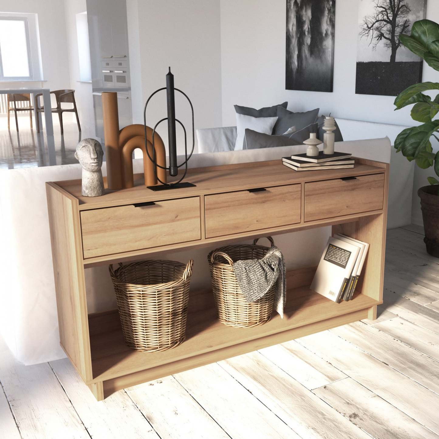 Prepac Simply Modern Buffet Console avec 3 tiroirs - Chêne naturel|Console Simply Modern de Prepac à 3 tiroirs - chêne naturel