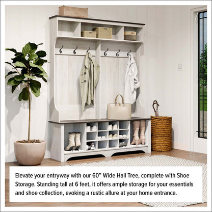 Rustic Ridge Farmhouse Entryway Storage Cabinet with Shoe Cubbies & Coat Hooks - Washed White|Armoire de rangement Rustic Ridge champêtre pour l’entrée avec compartiments pour chaussures et crochets à manteaux - blanc vieilli