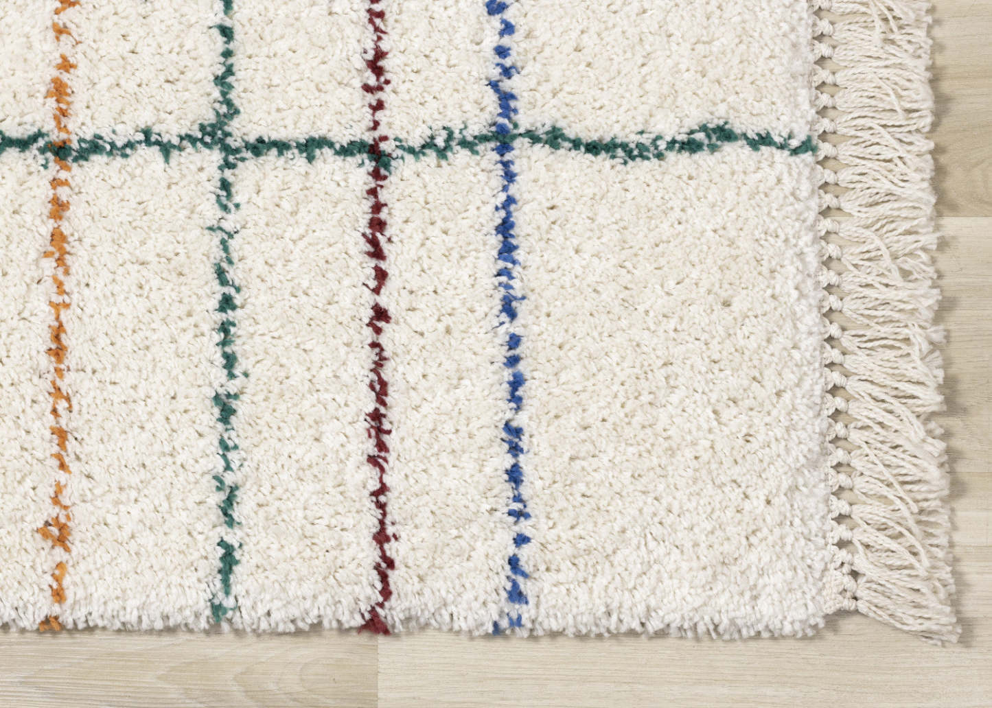 Carpette à poil long Bella avec lignes arc-en-ciel géométrique de style bohème - 5'3 x 7'7