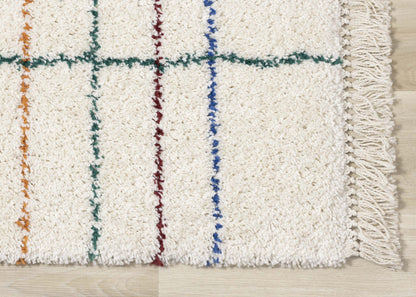 Carpette à poil long Bella avec lignes arc-en-ciel géométrique de style bohème - 5'3 x 7'7