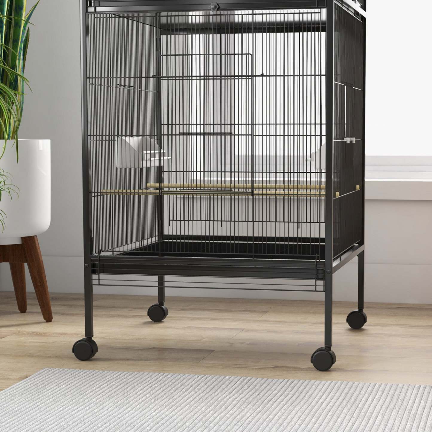 Pawhut Cage A Oiseaux En Metal Forge Avec Support Roulant, Conteneurs Alimentaires Portes Roues 67 H