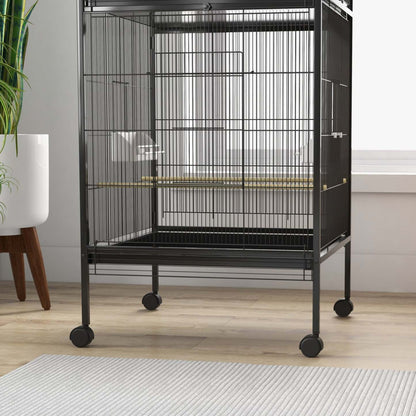 Pawhut Cage A Oiseaux En Metal Forge Avec Support Roulant, Conteneurs Alimentaires Portes Roues 67 H
