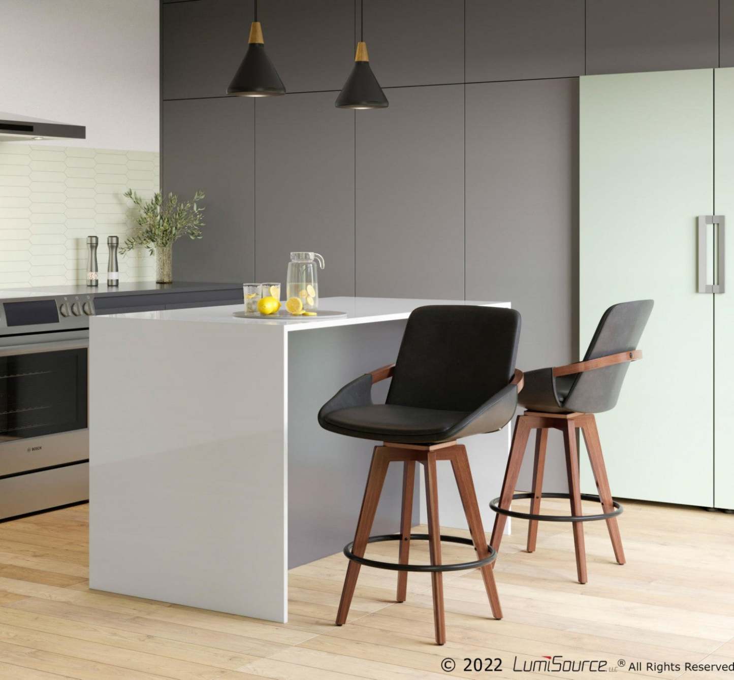 LumiSource Cosmo Tabouret de hauteur comptoir en similicuir moderne du milieu du 20e siècle - Noyer/Noir