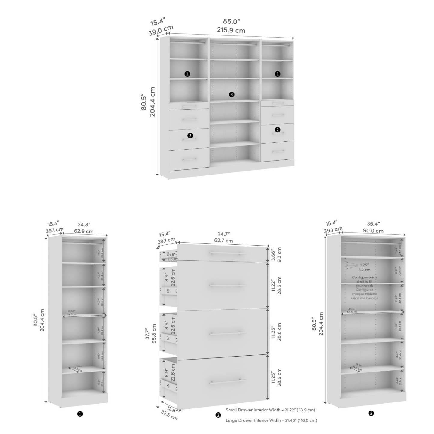 Bestar Florence 85 Système de garde-robe et pièce-penderie modulaire avec rangement - blanc