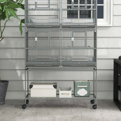 Pawhut Grande Cage A Oiseaux En Metal A Double Roulement Avec Plateau En Metal Amovible, Etagere De