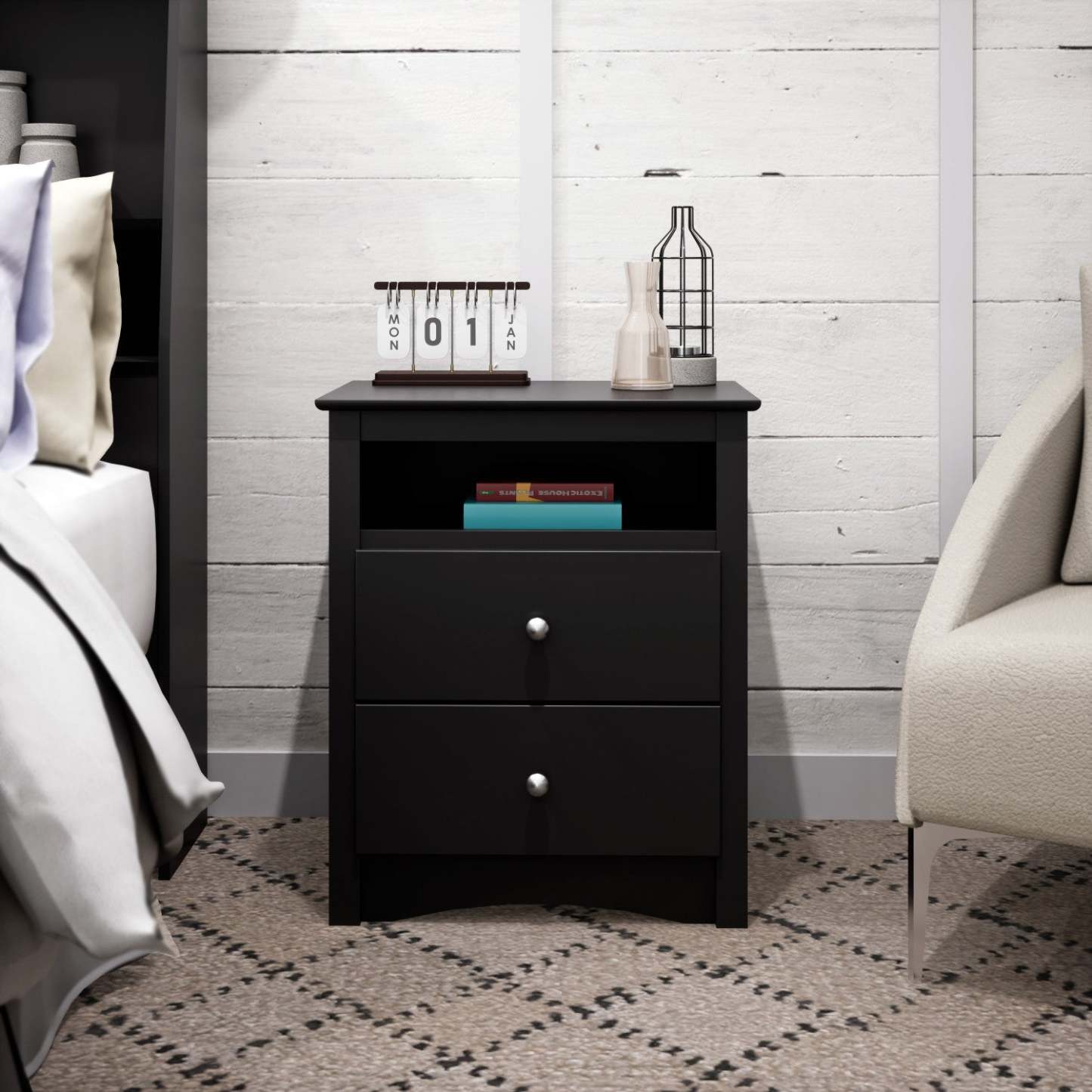 Jade Tall 2-Drawer Nightstand - Black|Table de nuit haute Jade à 2 tiroirs - noire