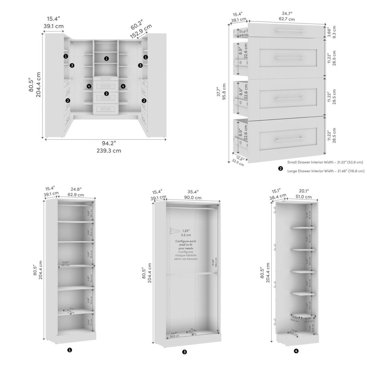 Système de pièce-penderie en forme de U modulaire de style Shaker Florence de Bestar de 94 po avec tringles et rangement - blanc