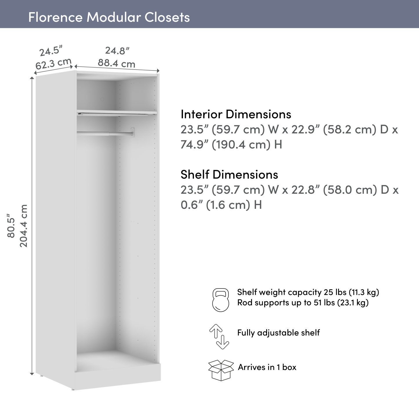 Système de garde-robe modulaire à espace pour suspendre Florence de Bestar de 25 po avec éclairage à DEL et tablette - blanc