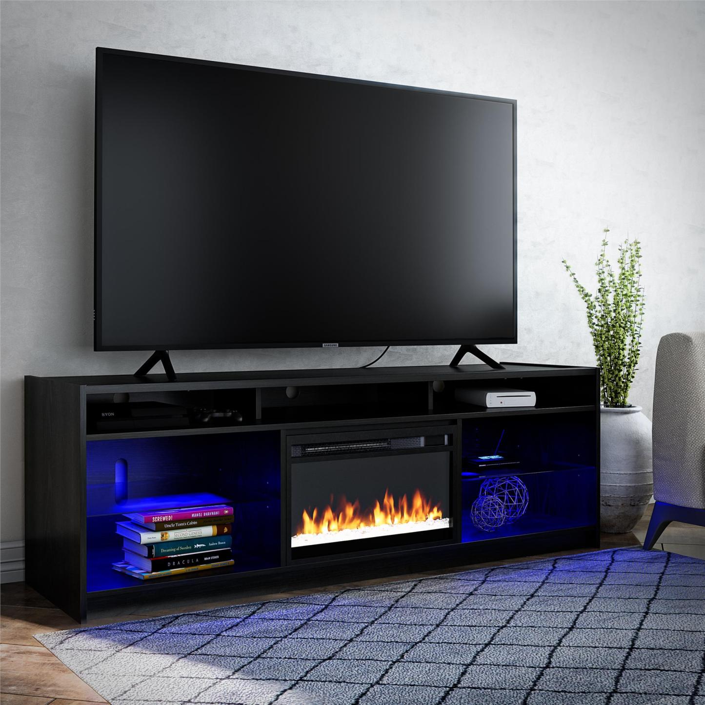 Ameriwood Home Luna Electric Fireplace TV Stand for TVs up to 75 po - Chêne noir|Meuble pour téléviseur Luna d'Ameriwood Home avec foyer électrique pour téléviseurs jusqu'à 75 po - chêne noir