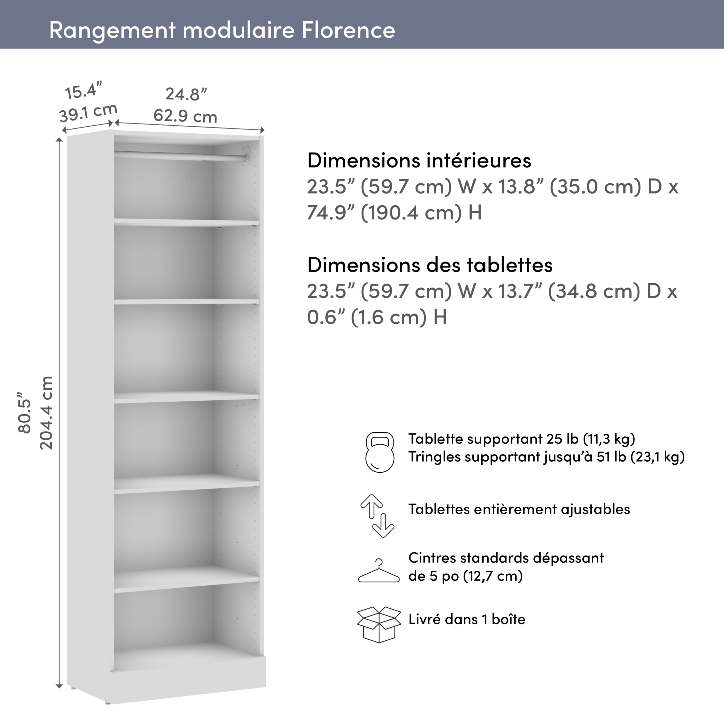 Bestar Florence 25 Modular Reach-In/Walk-In Système avec étagères - Blanc|Système de garde-robe et pièce-penderie modulaire Florence de Bestar de 25 po avec tablettes - blanc