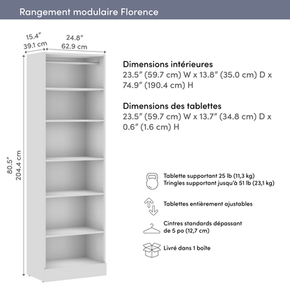 Bestar Florence 25 Modular Reach-In/Walk-In Système avec étagères - Blanc|Système de garde-robe et pièce-penderie modulaire Florence de Bestar de 25 po avec tablettes - blanc