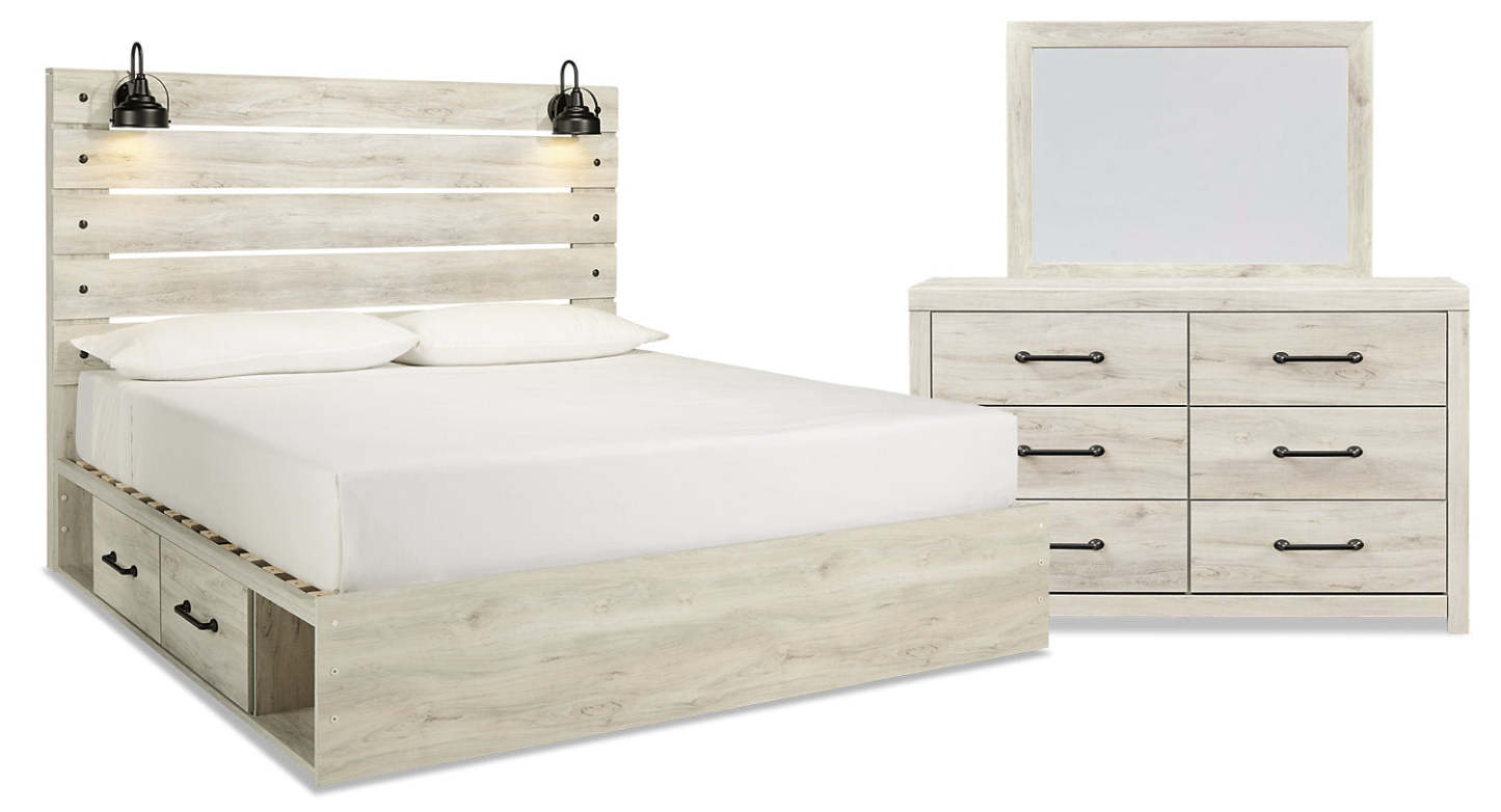 Ensemble de chambre à coucher Abby 5 pièces avec lit de rangement latéral, commode, miroir, éclairage LED, USB, blanc - Taille King