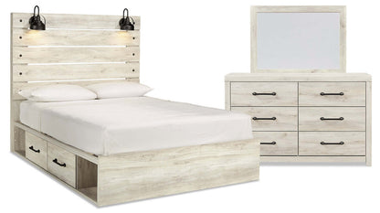 Ensemble de chambre à coucher Abby 5 pièces avec lit de rangement latéral, commode, miroir, éclairage LED, USB, blanc - Taille Queen